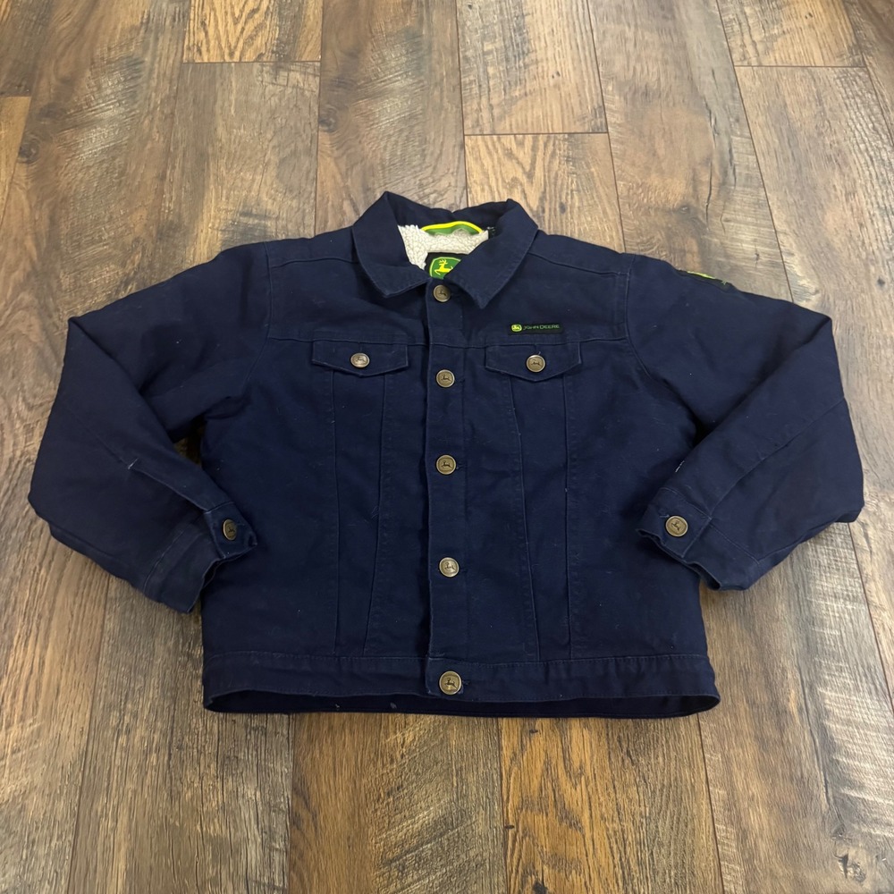 John Deere Boys Navy Blue Sherpa Lined Canvas Work Jacket Size S 6-7